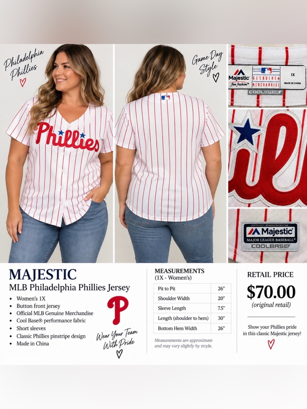 Majestic Women’s Philadelphia Phillies White and Red Pinstripe V-Neck Jersey